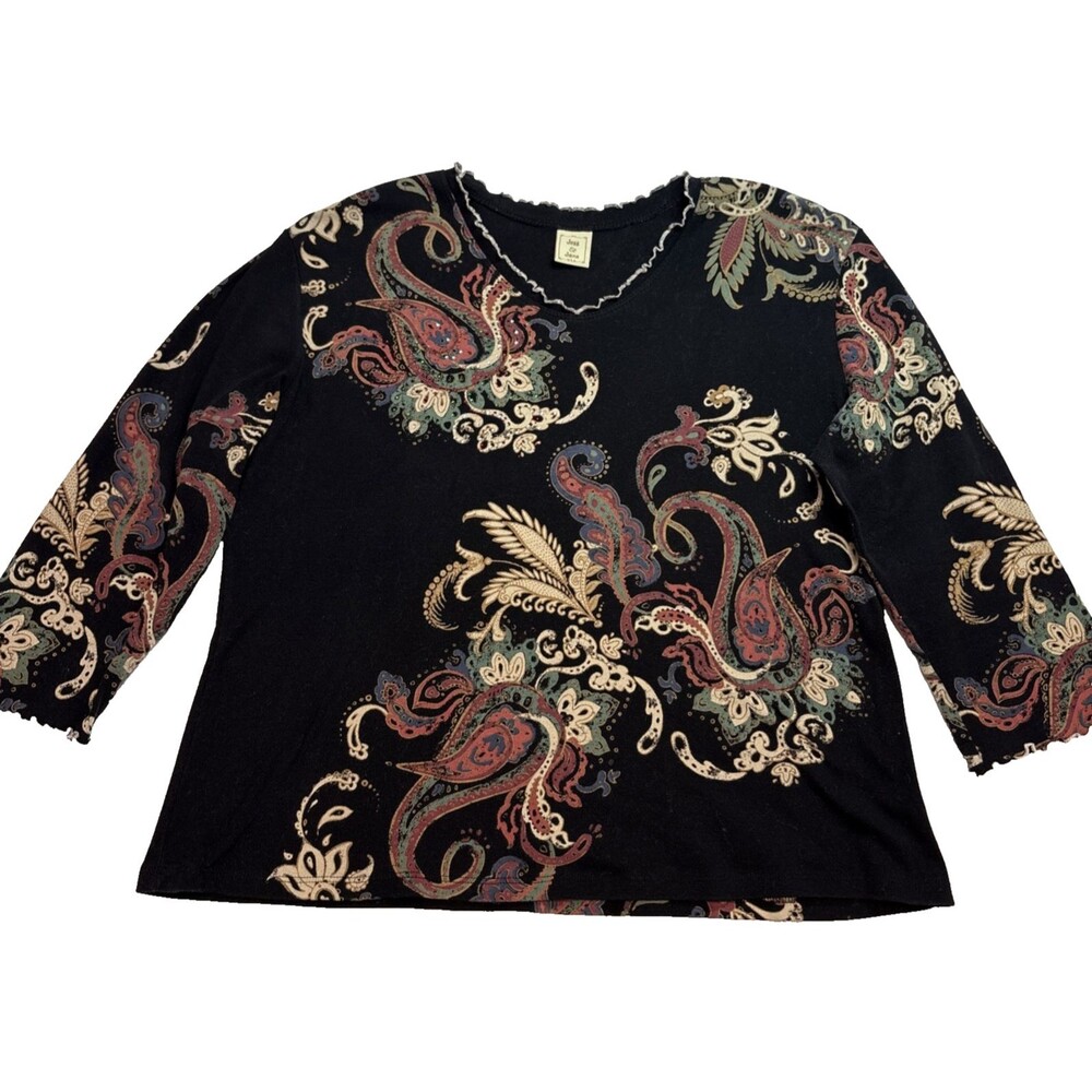 Jess & Jane Shirt Black Paisley Dream V Neck Glitter 3/4 Sleeve Top Womens Large